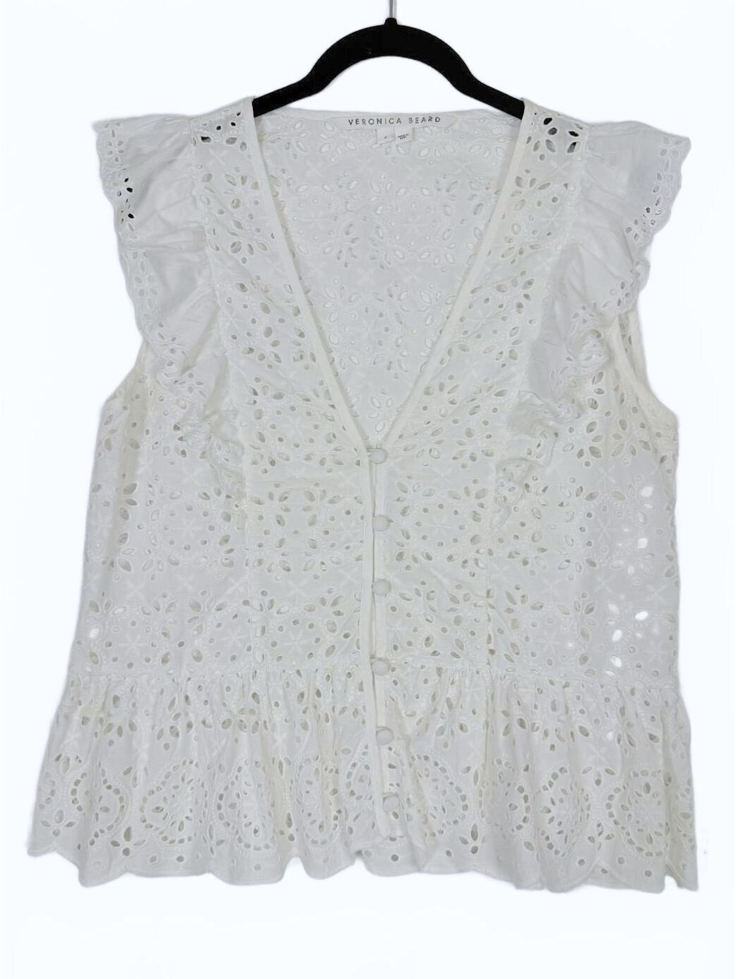 Veronica Beard Araya White Cotton Eyelet Ruffle Button Front Peplum Top Sz Small